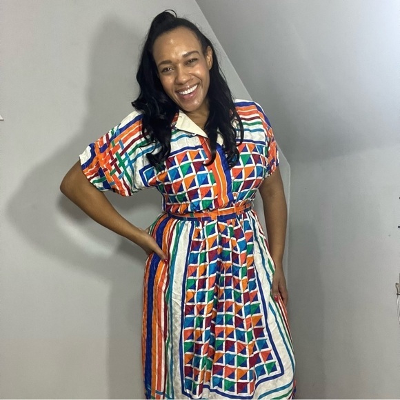 Vintage silk colorful A-line midi dress retro chic 80s twee bold graphic mod - Picture 9 of 15